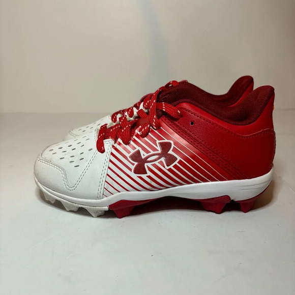 Boys Red & White Under Armour Leadoff Low Rm Jr Shoes Cleats 1 Y Baseball - Picture 2 of 9